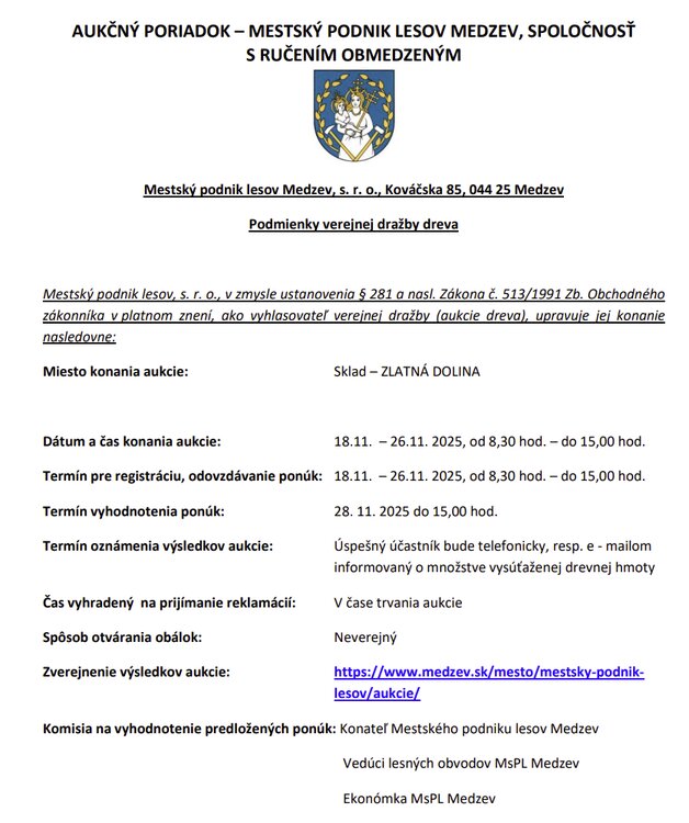Verejná dražba dreva - Mestský podnik lesov Medzev, s. r. o.